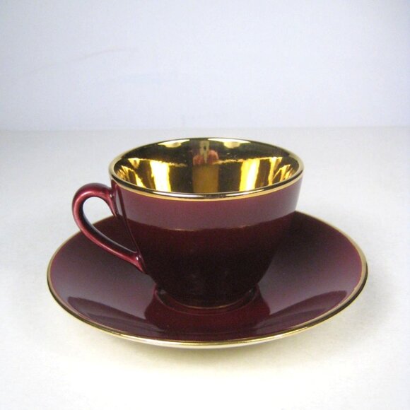 Royal Copenhagen Burgundy Red Gold Vintage Confetti Demitasse Set Denmark 1950s - Picture 2 of 16